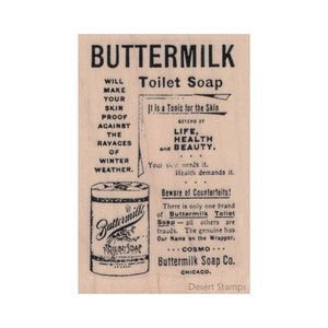 Buttermilch-Toilettenseifen-Anzeige GUMMI-STEMPEL, Werbestempel, Vintage-Anzeigenstempel, Zeitungs-Anzeigenstempel, Toilettenseifenstempel, Buttermilchseife Co.