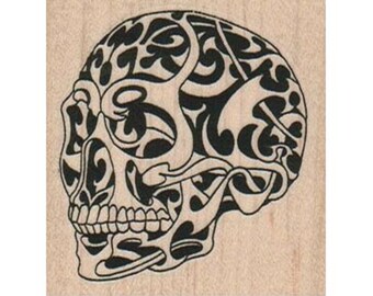 Tattooed Skull RUBBER STAMP, Halloween Stamp, Spooky Halloween Stamp, Bones Stamp, Skull Stamp,Halloween Crafts, Skeleton Stamp