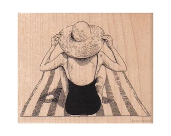 Beach Lady RUBBER STAMP, Beach Stamp, Sun Bathing Stamp, Lady Holding Hat Stamp, Hat Stamp, Sunning Stamp, Summer Stamp, Ocean Stamp, Sun