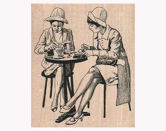 Ladies Lunching RUBBER STAMP, Tea Party Stamp, Friends Stamp, BFF Stamp, Lunch Stamp, Ladies Stamp, Restaurant Stamp, 50s Ladies, Retro Lady