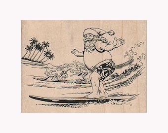 Surfing Santa RUBBER STAMP, Santa Claus Stamp, Tropical Santa Stamp, Holiday Stamp, Santa Stamp, Funny Holiday Stamp, Christmas, Surfing