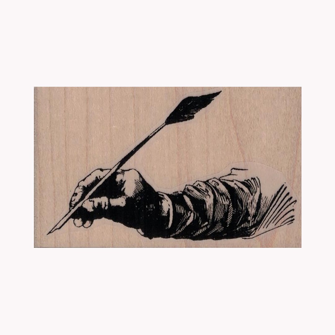 Hand Holding Quill Pen RUBBER STAMP, Pen Stamp, Writing Stamp