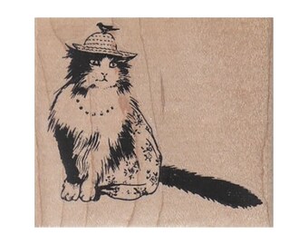 Cat With Bird On Hat RUBBER STAMP, Cat Stamp, Kitty Stamp,Cat and Bird, Kitten Stamp, Cat Lover Stamp, Kitten Lover Stamp, Cat, Kitty