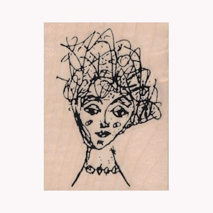 May include: A black and white line drawing of a person with a large, elaborate hat. The person has a simple necklace and a detailed face.