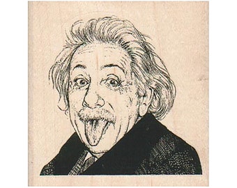 May include: A black and white illustration of Albert Einstein sticking his tongue out. The illustration is on a wooden background.