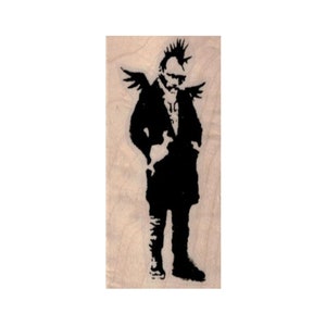 May include: Black and white silhouette of a person with wings, wearing a coat and boots, with a mohawk hairstyle.