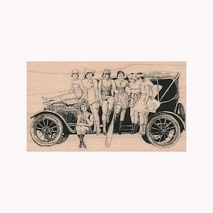 Damen auf altem Auto STEMPEL, Vintage Damen Stempel, Party Girl Stempel, 20er Jahre Damen Stempel, Retro Lady Stempel, 20er Jahre Damen posieren, viktorianisch
