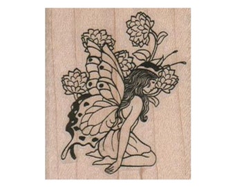 Kneeling Fairy in Flowers RUBBER STAMP, Fantasy Stamp, Fairy Stamp, Garden Stamp, Flower Stamp, Magic Stamp, Sprite Stamp, Fay Stamp, Fairy