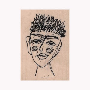 May include: A black and white line drawing of a person's face with a spiky hairstyle. The person has a neutral expression and is looking directly at the viewer.