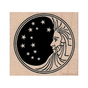 Moon & Stars RUBBER STAMP, Man in the Moon Stamp, Lunar Stamp, Night Stamp, Moon Stamp, Celestial Stamp, Anthropomorphic Moon, Man in Moon