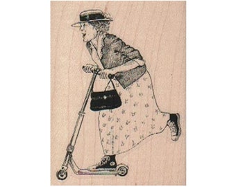 Lady On Scooter RUBBER STAMP, Woman on Scooter Stamp, Old Lady Stamp, Funny Stamp, Lady Stamp, Scooter Stamp, Transportation Stamp, Fun Lady