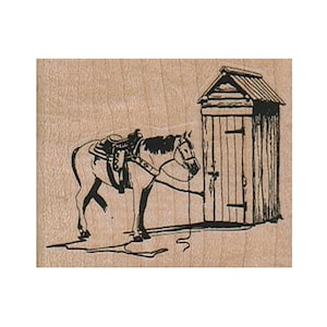 Horse By Outhouse RUBBER STAMP, Horse Stamp, Mare Stamp, Ranch Stamp, Western Stamp, Cowboy Stamp, Cowgirl Stamp, Old West Stamp, Cowboys