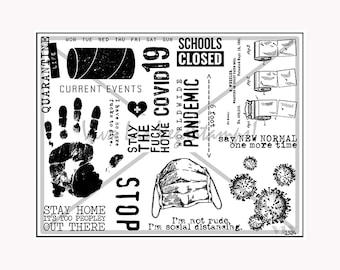 Covid19 Collection Unmounted Rubber Stamp Sheet, Mask Stamp, Toilet Paper Stamp, Quarantine Stamp, Stay Home Stamp, Pandemic Stamp, Covid