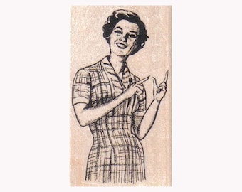Retro Lady Pointing RUBBER STAMP, Pointing Lady Stamp, Retro Housewife Stamp, 50s Housewife Stamp, Retro Stamp, Pointing Lady Stamp, Woman