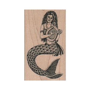 Mermaid With A Harp RUBBER STAMP, Fantasy Stamp, Ocean Stamp, Beach Stamp, Sea Stamp, Mermaid Stamp, Underwater Stamp, Harp Stamp