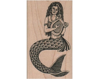 Zeemeermin met een harp RUBBERSTEMPEL, fantasiestempel, oceaanstempel, strandstempel, zeestempel, zeemeerminstempel, onderwaterstempel, harpstempel