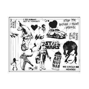 Banksy Collection Unmounted Rubber Stamp Plate, Love Bug, Star Wars Stamp, Convict, Shopping Cart, Bear on Bike, Marionette, David Bowie