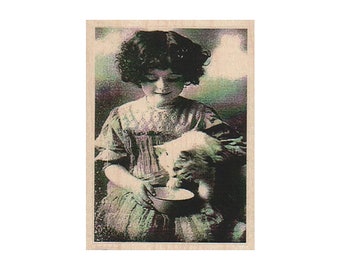 Girl Feeding Cat Photo/ATC RUBBER STAMP, Dog Lover Stamp, Photo Stamp, Dog Stamp, Vintage Lady Stamp, Pet Stamp, Photograph Stamp, Dog