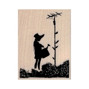 May include: Black silhouette of a person watering a plant with a watering can. The person is wearing a hat and the plant is growing tall. The background is a field of flowers.
