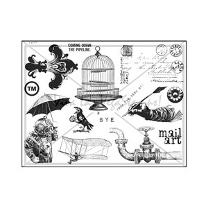 vintage Collection Plaque de tampon en caoutchouc non montée, Cage à oiseaux, Courrier cachet de la poste, Écriture à la main, Pipe, Avion, Plongeur, Corbeau avec cartes, fleur de lys