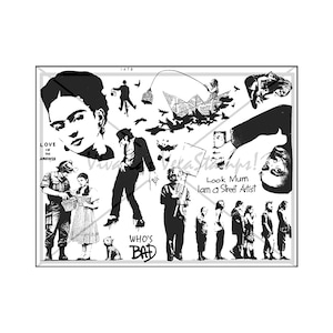 May include: Black and white digital stamp sheet featuring various images including a woman with a unibrow, a man in a suit, a man with a sign that says "Look Mum I am a Street Artist", and a group of people standing in line. The sheet also includes the text "Love is the answer" and "Who's Bad".