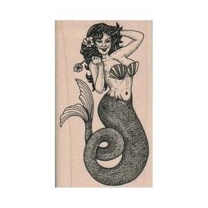 Mermaid With Shells and Flower RUBBER STAMP, Fantasy Stamp, Ocean Stamp, Beach Stamp, Sea Stamp, Mermaid Stamp, Mermaid Gift, Mermaid Lover