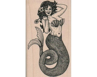 Zeemeermin met schelpen en bloem RUBBERSTEMPEL, fantasiestempel, oceaanstempel, strandstempel, zeestempel, zeemeerminstempel, zeemeermincadeau, zeemeerminliefhebber