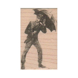 Umbrella Man Against the Wind RUBBER STAMP, Rainy Day Stamp, Rain Stamp, Open Umbrella Stamp, Vintage Man Stamp, Raining Stamp, Umbrella