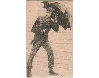 Umbrella Man Against the Wind RUBBER STAMP, Rainy Day Stamp, Rain Stamp, Open Umbrella Stamp, Vintage Man Stamp, Raining Stamp, Umbrella