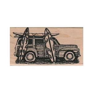 SELLO DE GOMA de Woody Wagon con tablas de surf, sello de camión, sello de camioneta, sello de surf, sello de playa, sello de surfista, sello de tabla de surf