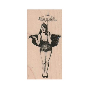 Winged Girl Under Umbrella RUBBER STAMP, Fantasy Stamp, Fairy Stamp, Funny Fairy Stamp, Fairy Lover Stamp, Winged Lady Stamp, Vintage Stamp