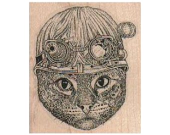 Steampunk Goggle Cat Face RUBBER STAMP, Steampunk Cat Stamp, Steampunk Stamp, Cat Stamp, Kitty Stamp, Cat Steampunk Stamp, Worker Cat Stamp