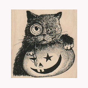 Monocle Cat & Pumpkin RUBBER STAMP, Halloween Stamp, Funny Cat Stamp, Jack O&#39; Lantern Stamp, Cat and Pumpkin Stamp, Halloween Cat Stamp