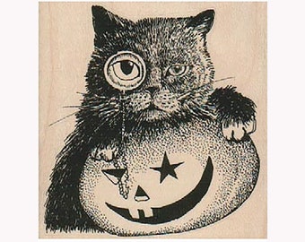 Monocle Cat & Pumpkin RUBBER STAMP, Halloween Stamp, Funny Cat Stamp, Jack O' Lantern Stamp, Cat and Pumpkin Stamp, Halloween Cat Stamp