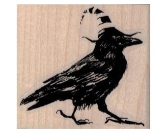 Raven in Witch Hat RUBBER STAMP, Halloween Stamp, Raven Rubber Stamp, Crow Rubber Stamp, Bird Stamp, Witch Hat Stamp, Bird Stamp, Halloween