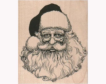 May include: A black and white illustration of Santa Claus's face. He is wearing a black hat with a white trim and a white beard. He has a kind expression on his face.