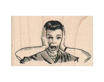 Screaming Lady Handen op gezicht RUBBER STEMPEL, Surprised Lady, Lady rubberstempel, gefrustreerde dame stempel, gestresste dame stempel, bange dame stempel