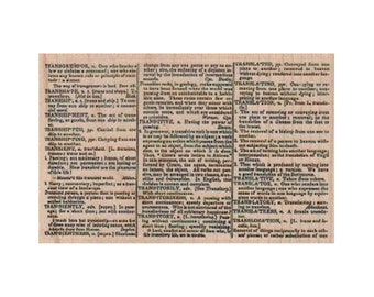 May include: A vintage, yellowed page from a dictionary with definitions of words related to transportation, transfer, and translation. The text is in a small font and includes words like "transgressor", "transhipment", "translation", and "translator".
