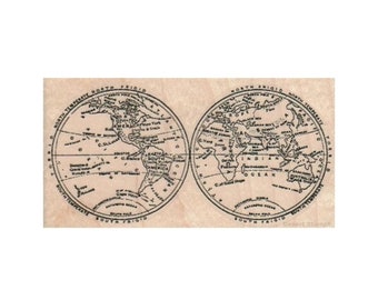 Sello de goma con círculos de mapa del mundo, sello de mapa, sello de fondo, sello de técnica mixta, sello de viaje, sello del mundo, sello de globo terráqueo, collage, ATC