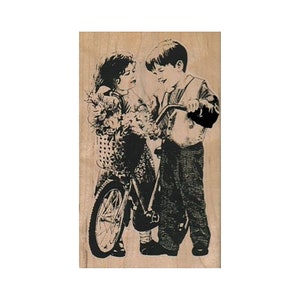 Niño y niña con bicicleta SELLO DE GOMA, sello para niños, sello para niños, sello para bicicletas, sello para niños jugando, sello para niños jugando, sello para niños felices