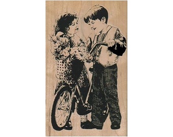 Boy & Girl with Bike RUBBER STAMP, Children Stamp, Kid Stamp, Bike Stamp, Children Playing Stamp, Kids Playing Stamp, Happy Children Stamp