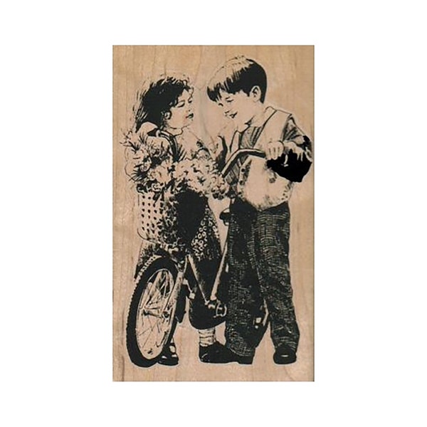 Boy & Girl with Bike RUBBER STAMP, Children Stamp, Kid Stamp, Bike Stamp, Children Playing Stamp, Kids Playing Stamp, Happy Children Stamp