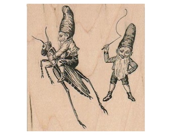 Two Gnomes With Grasshopper RUBBER STAMP, Garden Gnome Stamp, Gnome Stamp, Gnomes Stamp, Elves Stamp, Elf Stamp, Fantasy Stamp, Gardening