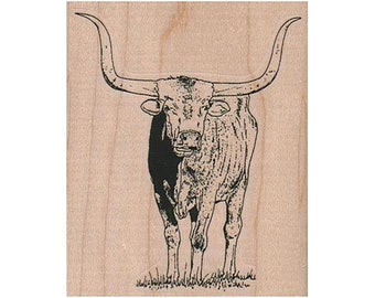 Könnte beinhalten: Eine Schwarzweiß-Zeichnung eines Longhorn-Rinds mit großen Hörnern, das auf einer grasbewachsenen Wiese steht.