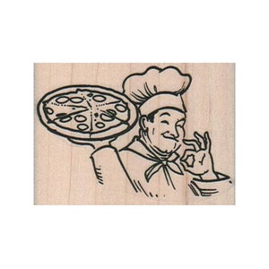 May include: A black and white line drawing of a chef holding a pizza. The chef is wearing a chef's hat and has a happy expression on his face. He is holding the pizza in his left hand and has his right hand raised in a gesture of approval.