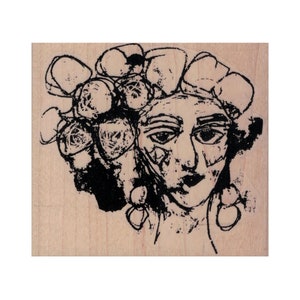 Tina Walker Scribble Girl With Curlers And Earrings RUBBER STAMP, Scribble Art Stamp, Woman Stamp, Lady Stamp, Scribble Woman Stamp, Curlers