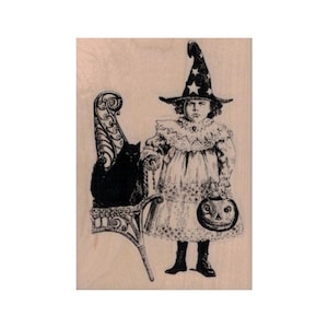 Victorian Witch Costume Girl RUBBER STAMP, Halloween Stamp, Costume Stamp, Victorian Halloween Stamp, Black Cat Stamp, Trick or Treat Stamp