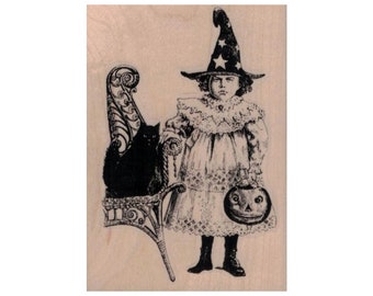 Victorian Witch Costume Girl RUBBER STAMP, Halloween Stamp, Costume Stamp, Victorian Halloween Stamp, Black Cat Stamp, Trick or Treat Stamp