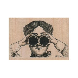 Sello de mujer mirando a través de binoculares, sello de dama, sello de mujer furtiva, sello de espía, sello steampunk, sello de mujer, sello de observación de aves