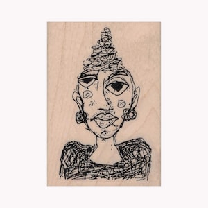 May include: A black and white line drawing of a person with a unique hairstyle and facial features. The person is wearing a patterned shirt.